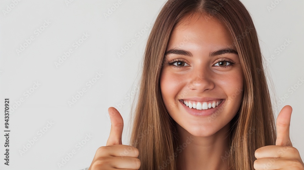 A Joyful Young Woman Smiling Brightly and Giving a Thumbs Up with Confidence and Delight A Joyful Young Woman Smiling Brightly and Giving a Thumbs Up with Confidence and Delight