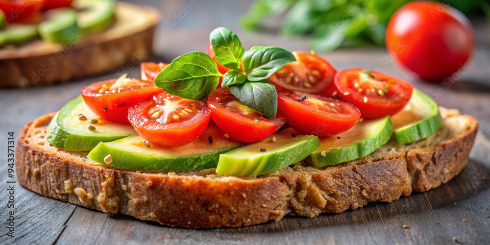 A slice of toasted sour dough bread with avocado and tomato on top A slice of toasted sour dough bread with avocado and tomato on top
