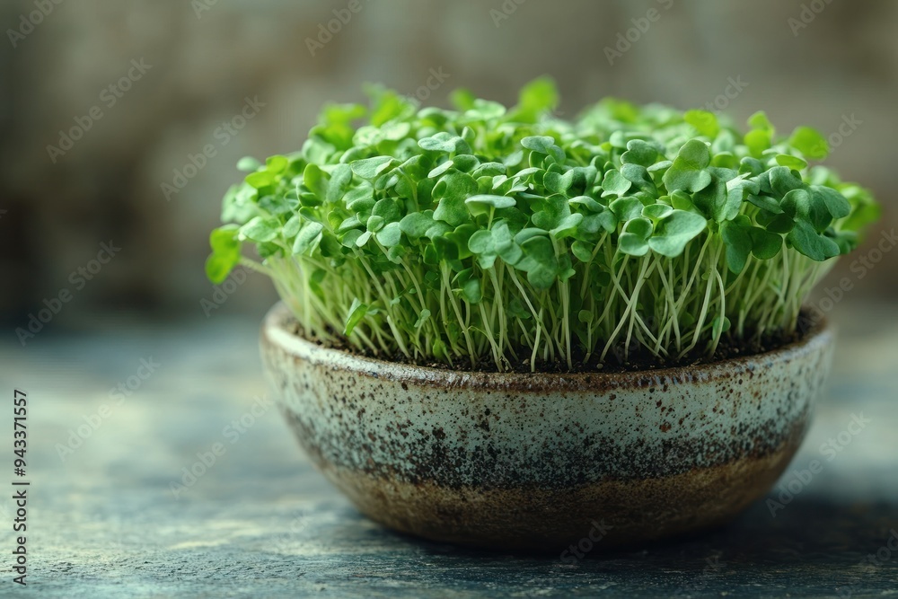 Dense Microgreens in Rustic Bowl, Indoor Fresh Greens Dense Microgreens in Rustic Bowl, Indoor Fresh Greens