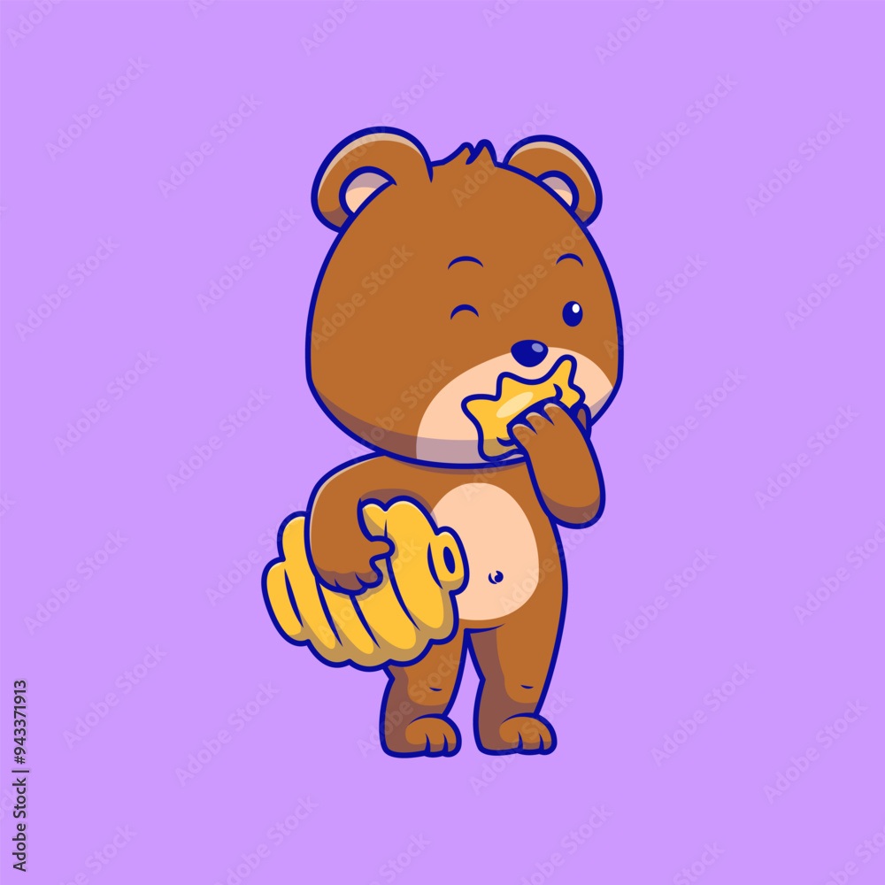 Cute Grizzly Bear Eating Honey Cartoon Vector Icon Illustration. Flat
