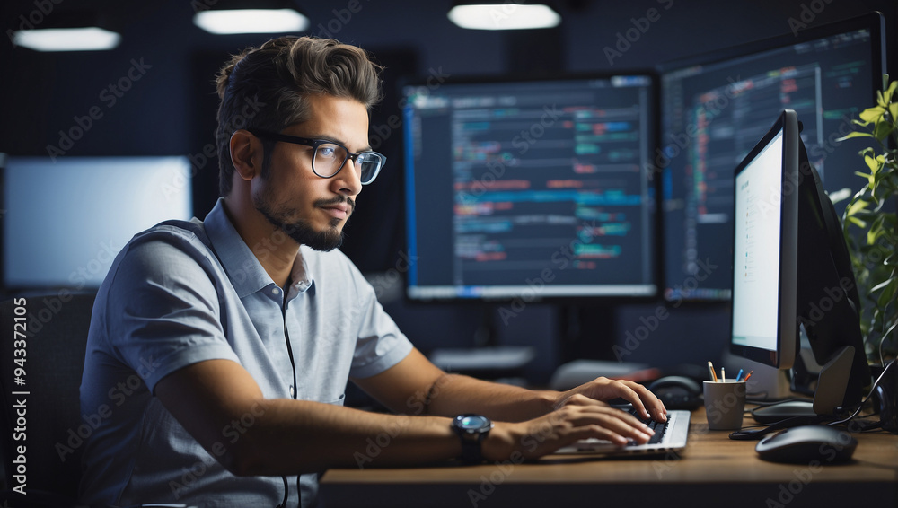 Programmer working diligently in a software development environment Programmer working diligently in a software development environment