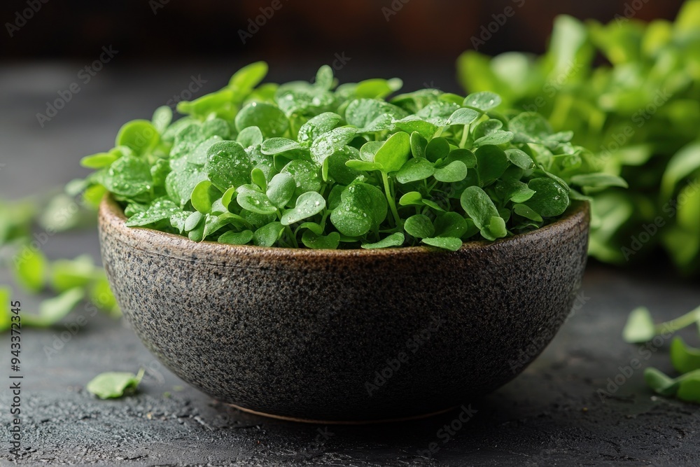 Microgreens in textured bowl on dark background Microgreens in textured bowl on dark background