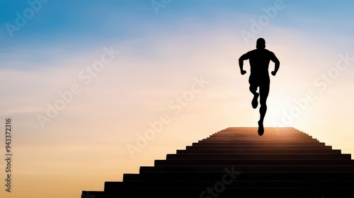 Silhouette of a person running up a staircase with a clear sky background symbolizing progress and growth