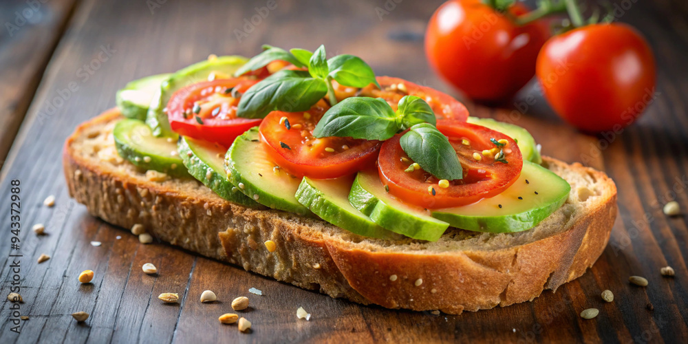 A slice of toasted sour dough bread with avocado and tomato on top A slice of toasted sour dough bread with avocado and tomato on top