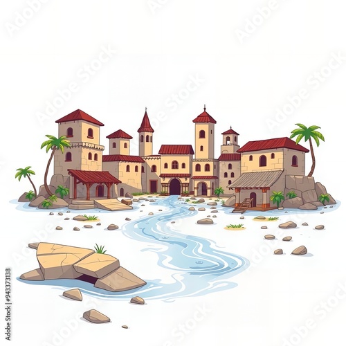 cartoon illustration of a small island with a castle and a river.