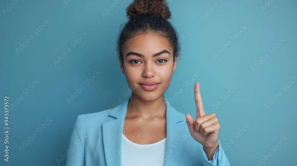 A selfassured young woman is confidently gesturing to attract attention from others A selfassured young woman is confidently gesturing to attract attention from others