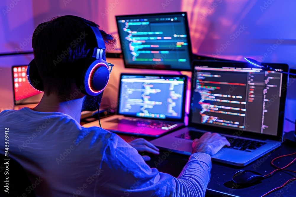 A person in headphones works on three computers in a dark room lit with purple and blue neon lights A person in headphones works on three computers in a dark room lit with purple and blue neon lights