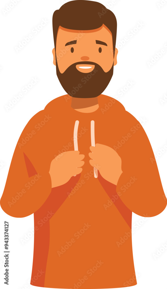 Smiling bearded man holding orange hoodie strings, cartoon character portrait Smiling bearded man holding orange hoodie strings, cartoon character portrait