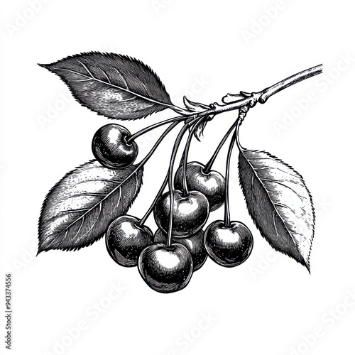 Black and white Vintage engraved art of a branch of cherries with leaves, isolated on white background, ink sketch illustration, simple vector art design, highly detailed line art, high contrasty  photo