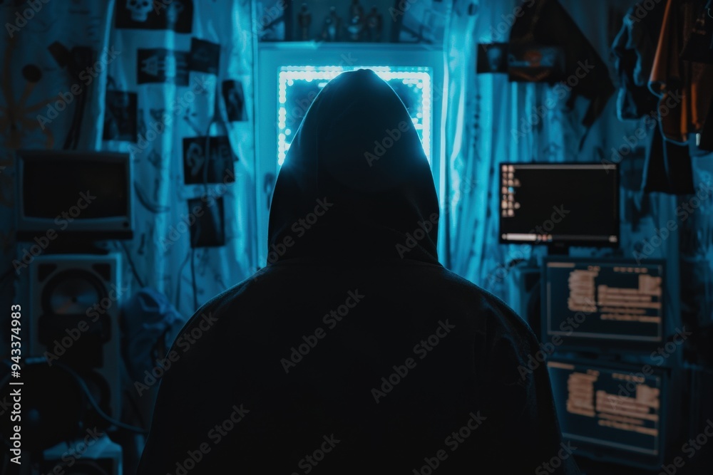 A person wearing a hooded jacket sits in a dark room illuminated by blue light, working on multiple computers A person wearing a hooded jacket sits in a dark room illuminated by blue light, working on multiple computers