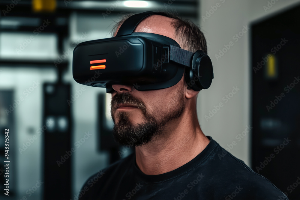 Man using a virtual reality headset in a tech environment. Man using a virtual reality headset in a tech environment.