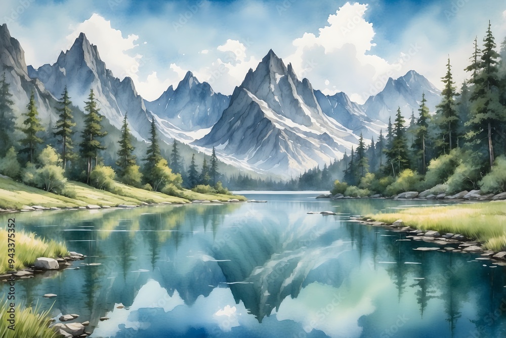 Aqwuarell - Wunderschöne Landschaft - Ruhiger Bergsee Aqwuarell - Wunderschöne Landschaft - Ruhiger Bergsee