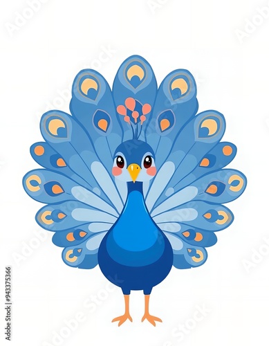 a close up of a cartoon peacock with a blue tail.