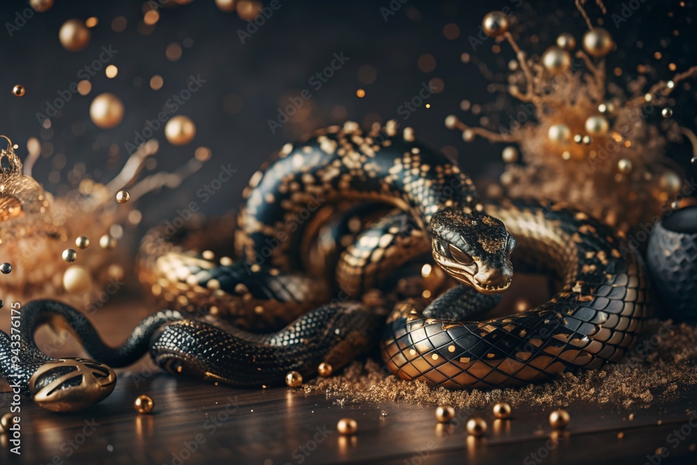 Happy New Year 2025. The symbol of the year is a snake made of gold metal, confetti and sequins on a black background. A festive poster or banner for a party and New Year's Eve. Happy New Year 2025. The symbol of the year is a snake made of gold metal, confetti and sequins on a black background. A festive poster or banner for a party and New Year's Eve.