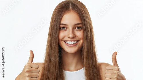 A Happy Woman Giving a Thumbs Up and Showing Off Her Beautiful Long Hair with Joy