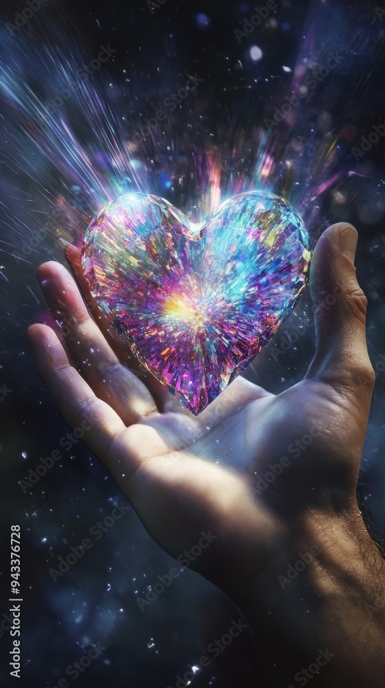 Hand holding vibrant heart with cosmic energy bursting Hand holding vibrant heart with cosmic energy bursting