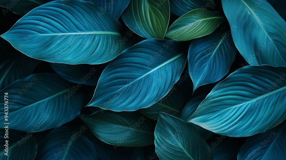 Close-up detail macro texture bright blue green leave tropical forest plant spathiphyllum cannifolium in dark nature background. Curve leaf floral botanical abstract desktop wallpaper Close-up detail macro texture bright blue green leave tropical forest plant spathiphyllum cannifolium in dark nature background. Curve leaf floral botanical abstract desktop wallpaper