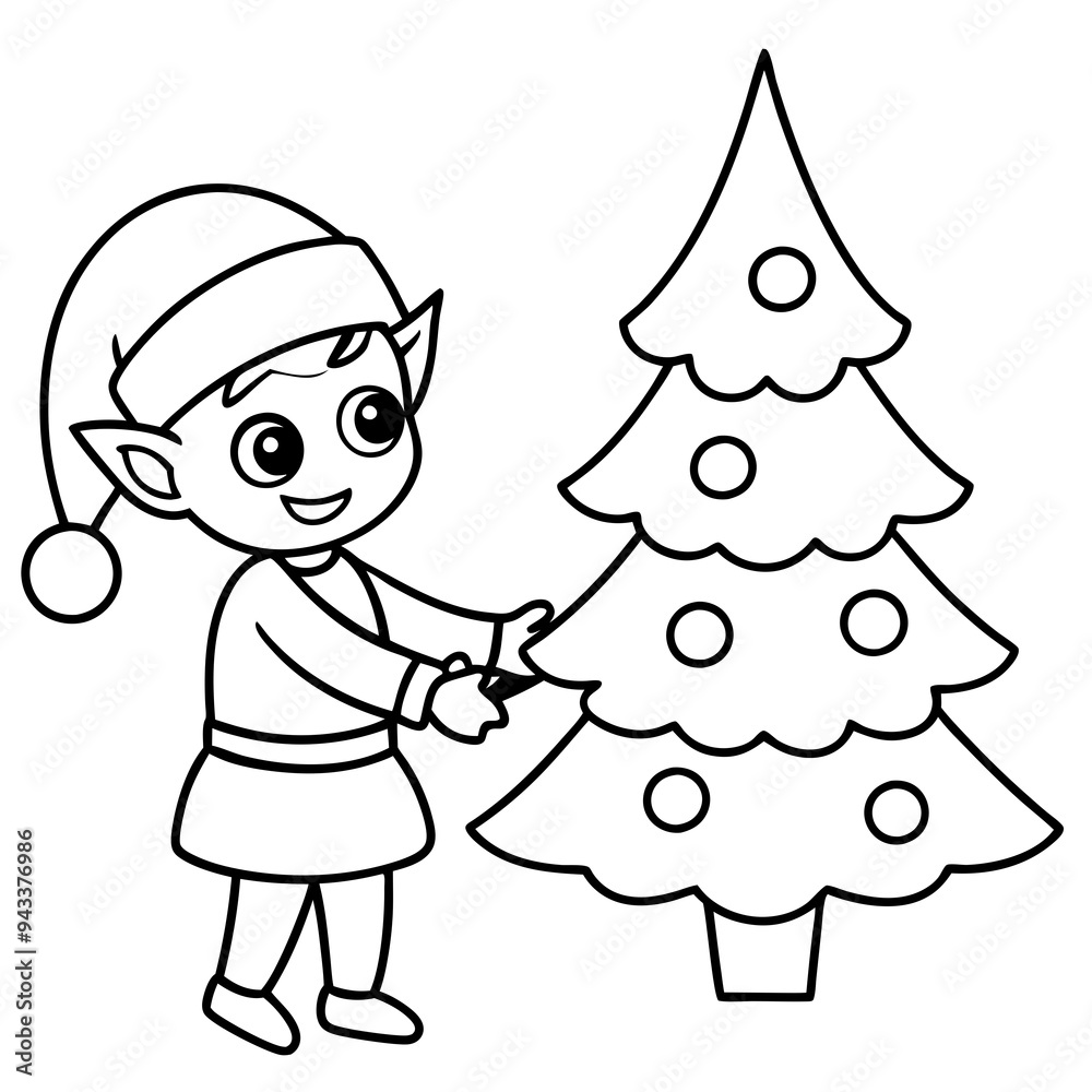 children and christmas tree.line art design. children and christmas tree.line art design.
