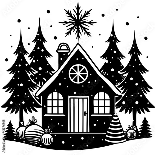 Christmas tree with house vector design.