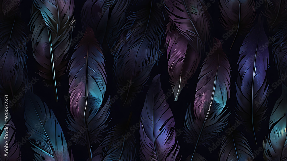 an image of a bunch of dark purple and black feathers with a mysterious aura, arranged on an isolated plain deep navy blue background. an image of a bunch of dark purple and black feathers with a mysterious aura, arranged on an isolated plain deep navy blue background.