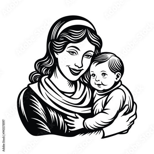 Mother Holding Child with Compassion, Heartfelt vector Illustration
