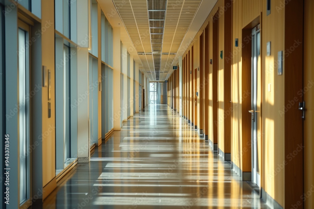 Light Wood Office Corridor: A Spacious, Inviting Passage with Numerous Doors Light Wood Office Corridor: A Spacious, Inviting Passage with Numerous Doors