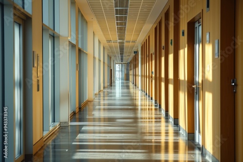 Light Wood Office Corridor: A Spacious, Inviting Passage with Numerous Doors