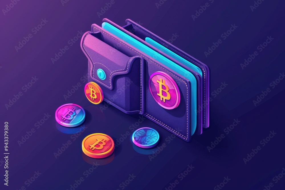 Naklejka premium A digital wallet with Bitcoin cryptocurrency coins spilling out, against a purple background