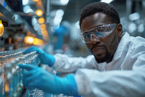 Black pharmacist wearing protective sanitary gloves examining medical vials on production line conveyor belt in medical healthcare mass production factory manufacturing prescription drugs medication