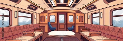 there is a drawing of a train car with seats and a table.