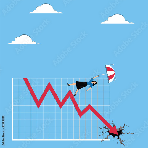 Woman with umbrella on falling graph