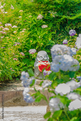 初夏の神社でのお地蔵さまとアジサイ photo