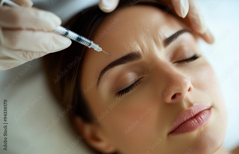 Closeup of a woman receiving a Botox injection in her forehead at a beauty salon Closeup of a woman receiving a Botox injection in her forehead at a beauty salon
