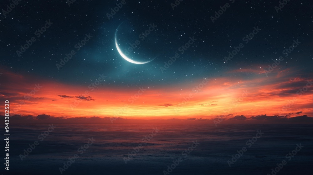 Stunning Crescent Moon Over Fiery Ocean Sunset Generative AI Stunning Crescent Moon Over Fiery Ocean Sunset Generative AI
