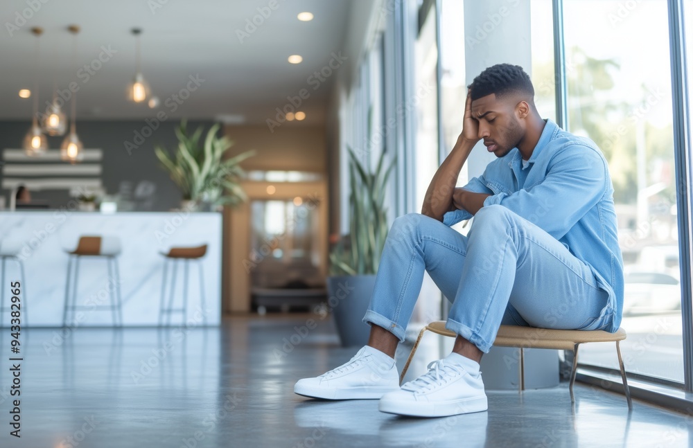 Side view of a man sitting in a waiting room, head in hands, crying, wearing casual clothes Side view of a man sitting in a waiting room, head in hands, crying, wearing casual clothes