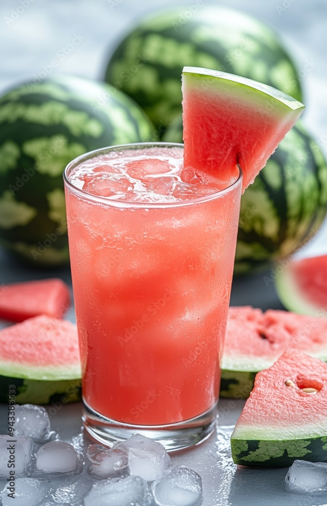 Watermelon juice in a glass with fresh slices, on a white background, close up Watermelon juice in a glass with fresh slices, on a white background, close up