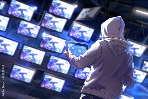 A figure wearing a white hoodie stands in front of a wall of screens, holding a tablet and reviewing data