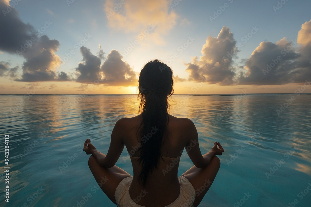 Fototapeta premium photo of a woman meditating in front of a calm sea with clear water at sunrise, with soft light filtering through the clouds, emphasizing mindfulness and inner peace
