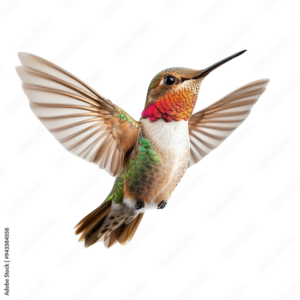 A Vibrant Hummingbird Captivatingly Hovers in Mid-Flight, Showcasing Its Colorful Plumage Against a Dark Backdrop A Vibrant Hummingbird Captivatingly Hovers in Mid-Flight, Showcasing Its Colorful Plumage Against a Dark Backdrop