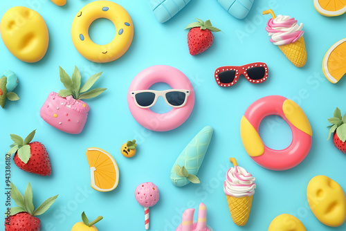 3D render of plasticine summer icons on a pastel blue background, creating a seamless pattern. Flat lay, top view of beach and vacation objects, exotic fruits, pool floats, ice cream, and sunglasses. photo