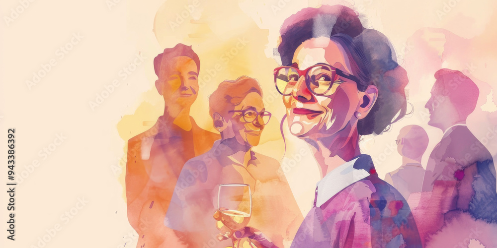A cheerful woman with glasses smiles while holding a drink, surrounded by friends at a vibrant evening celebration A cheerful woman with glasses smiles while holding a drink, surrounded by friends at a vibrant evening celebration