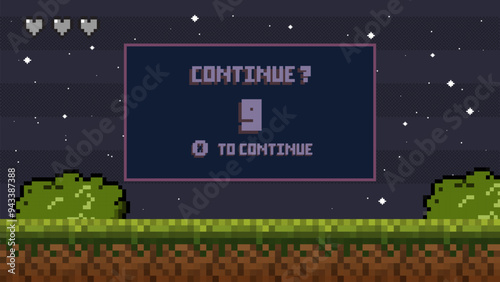 Press key  to continue playing.countdown to continue After the game over screen, retro 8 bit style.pixel art.	