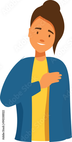 Smiling woman is holding her hand on her chest, expressing honesty, sincerity, and trustworthiness