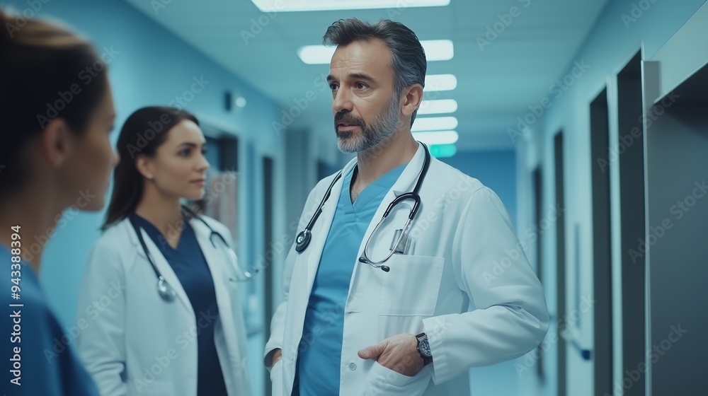 Doctors discussing patient care in a modern hospital corridor during daytime Doctors discussing patient care in a modern hospital corridor during daytime