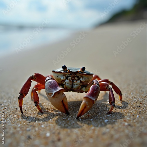 A small crab navigating the shoreline near gentle ocean waves.   photo