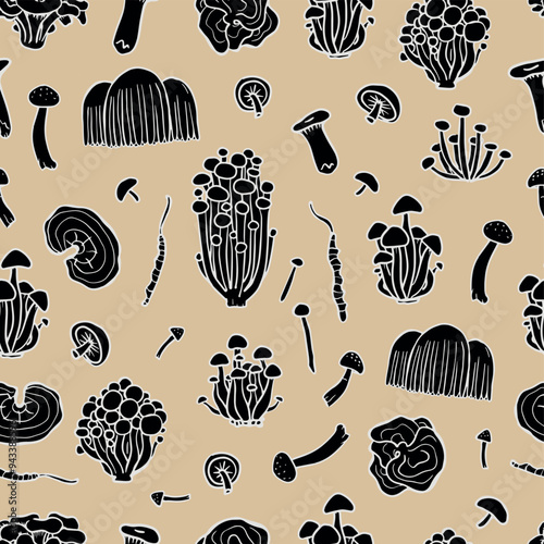 Hand drawn medicinal mushrooms seamless pattern. Illustration of Shimeji, erinji, shitaki, cordyceps, turkey tail and lions mane. Fungus wallpaper. 