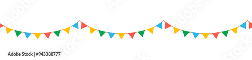 Seamless border with hanging circus garlands. Carnival flags for children. Vector illustration isolated on white background