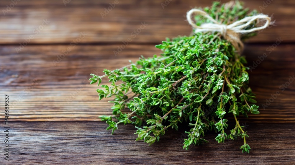 Fresh Thyme Bundle on Rustic Wooden Background Fresh Thyme Bundle on Rustic Wooden Background
