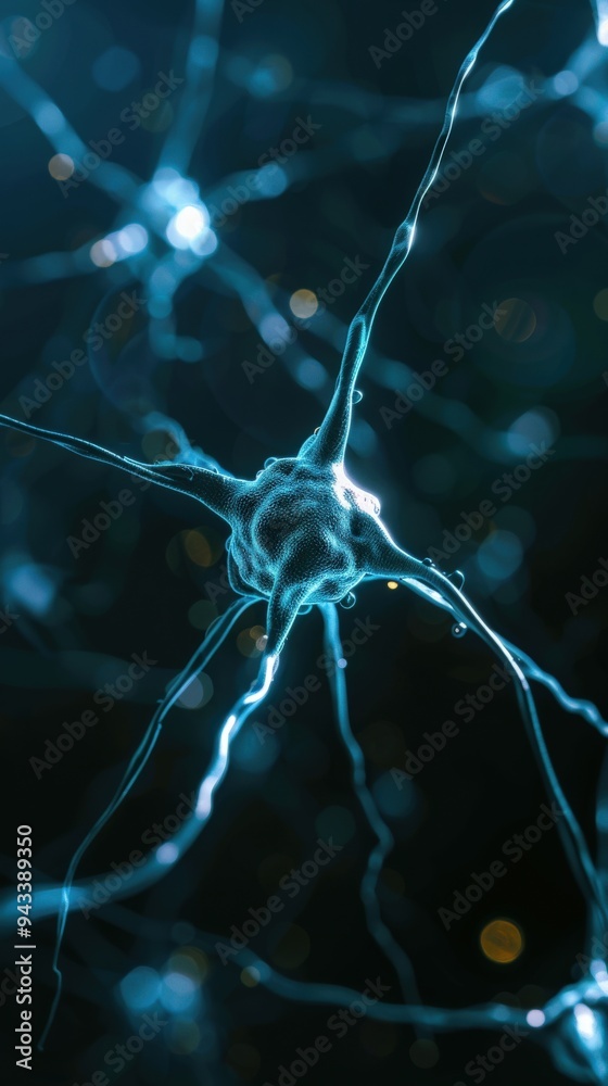 A close-up illustration of a neuron with numerous branches extending outward, creating a complex network A close-up illustration of a neuron with numerous branches extending outward, creating a complex network