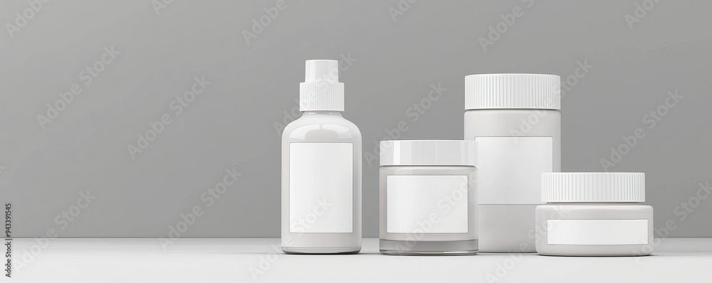 Skincare product set, clean bottles with blank labels, aesthetic display, 3D illustration Skincare product set, clean bottles with blank labels, aesthetic display, 3D illustration